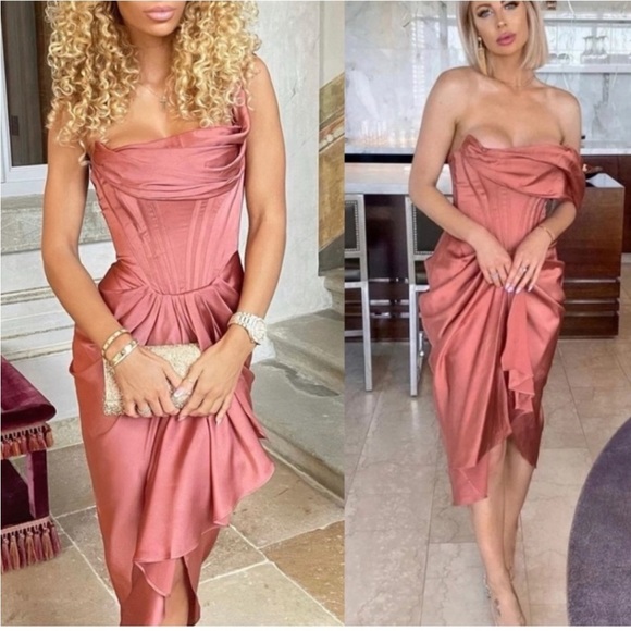 House of CB ‘Janis’ Rouge Satin One Shoulder Draped Midi Dress NWOT - Picture 6 of 17